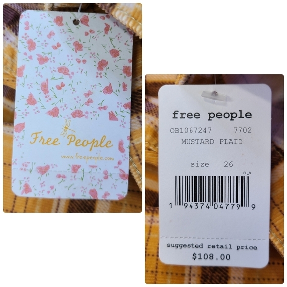 Free People Just Float On Mustard Plaid Wide Leg Flare Bell Corduroy Pants 26 - Picture 14 of 16